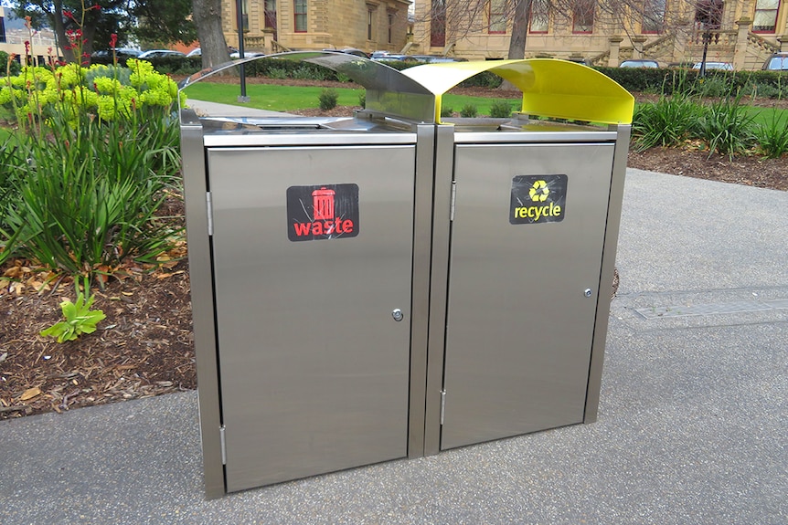 Waste and recycle bins in Franklin Square, Hobart city.