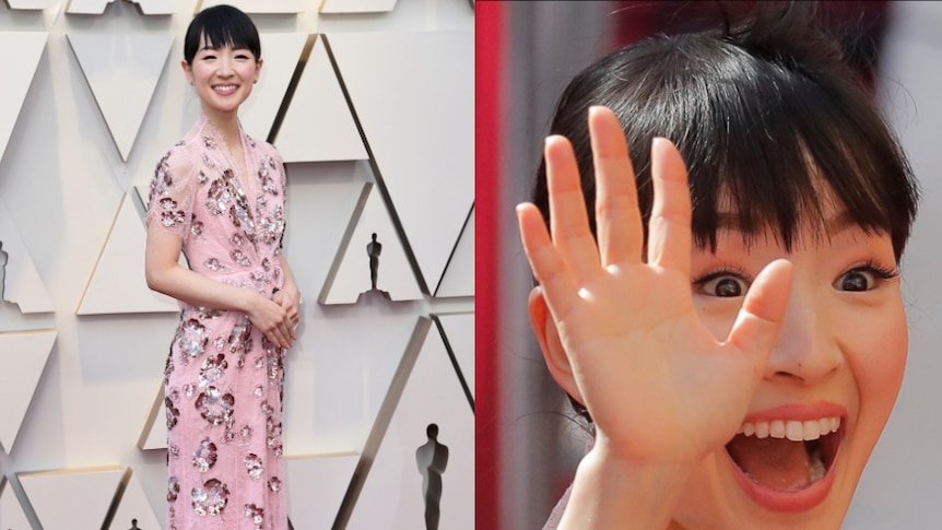 Marie Kondo waves to the crowd in a pink, sparkly gown at the Oscars.