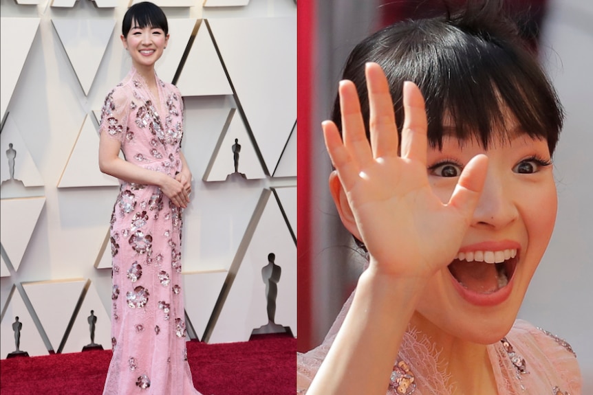 Marie Kondo waves to the crowd in a pink, sparkly gown at the Oscars.