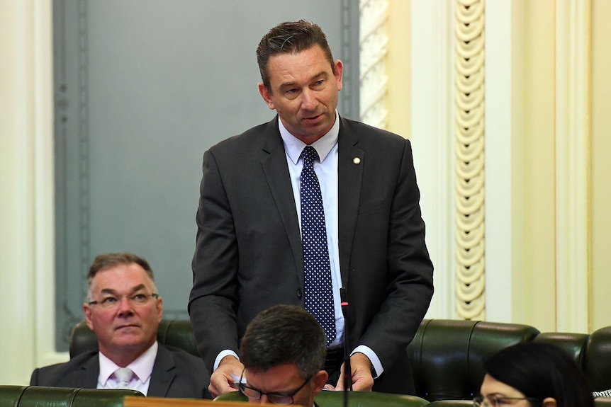 A man with short dark hair wearing a dark suit stands and speaks in Parliament.
