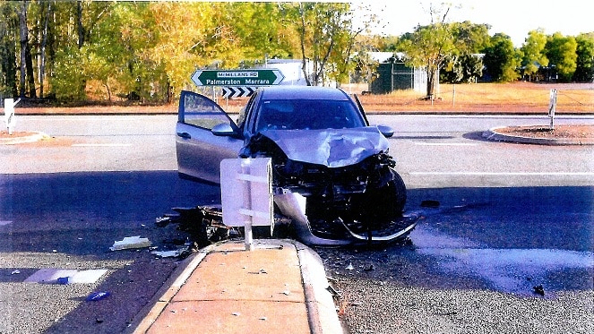 A photo of a crashed Mazda 3 on McMillans Road in Darwin.