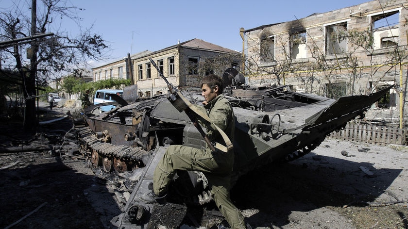 A South Ossetian soldier in the near-destroyed capital of Tskhinvali.