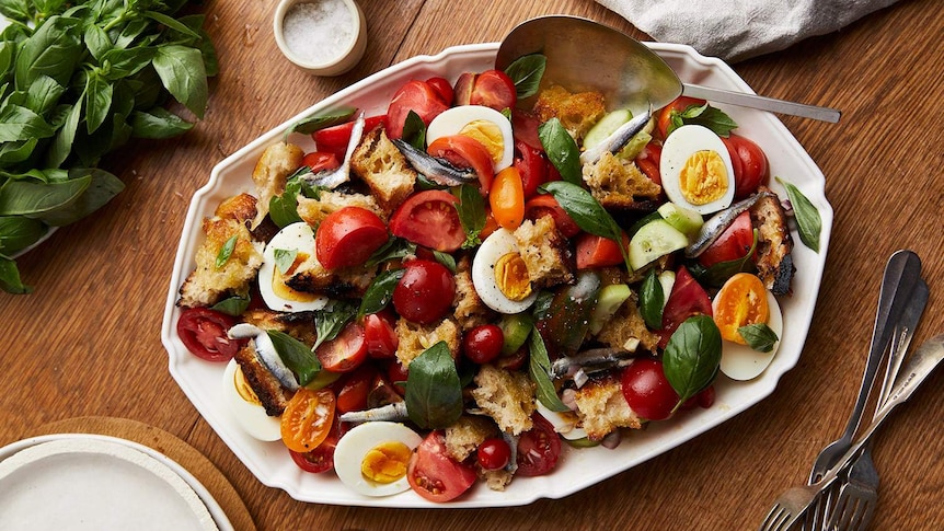 Julia Busuttil Nishimura's panzanella salad recipe in a dish