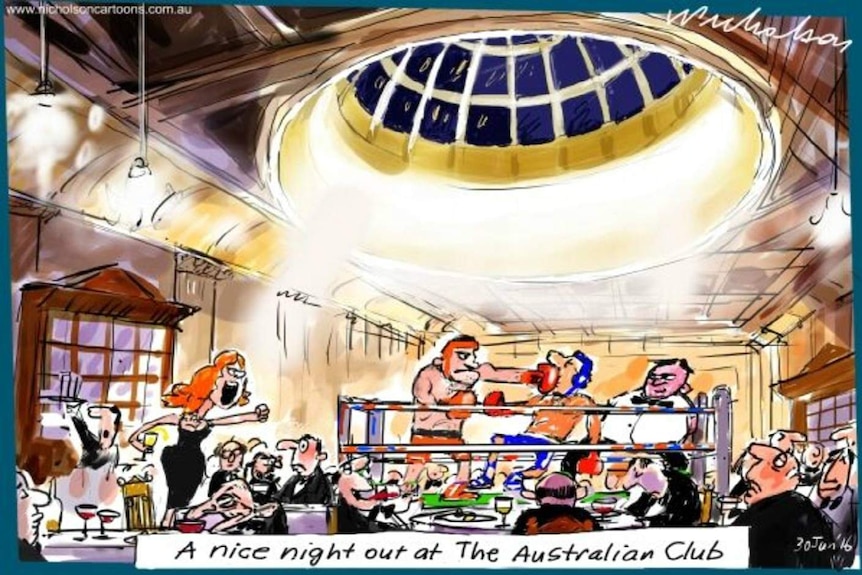 Nicholson's cartoon shows a boxing match at Melbourne's Australian club.