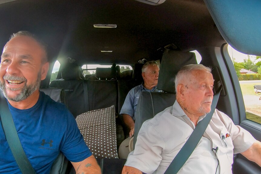 Brandan, Kevin and Ron Waters inside a car, St George, Queensland, March 2024.
