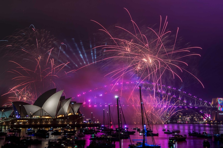 Bright puples and golds illuminate the sky over Sydney Harbour as fireworks shoot into the air.