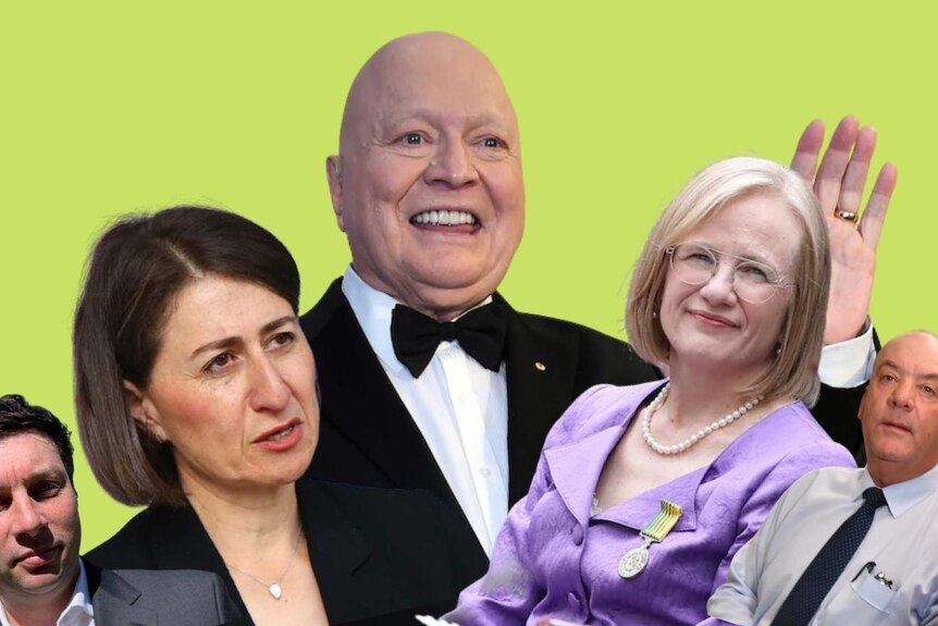 A collage of Tim Smith, Gladys Berejiklian, Bert Newton, Jeannette Young and Daryl Maguire