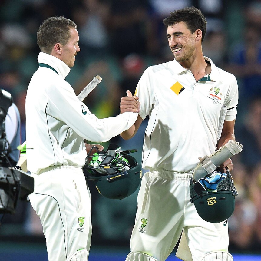 Siddle and Starc shake hands after beating New Zealand