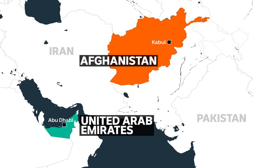 Bản đồ cho thấy Afghanistan và Các Tiểu vương quốc Ả Rập Thống nhất.