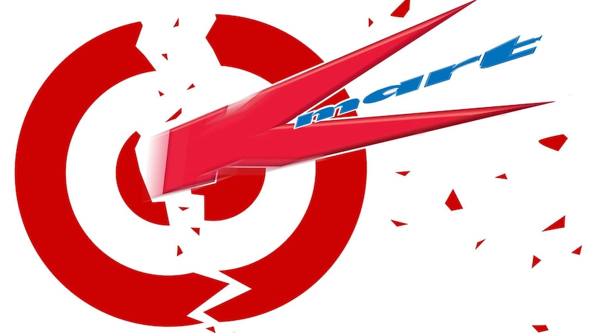 Image of a Target logo being cracked apart by a Kmart logo.