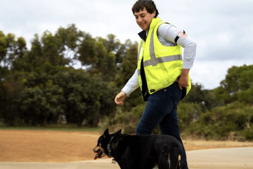 A young man with a high vis vest walks on an airfrield next to his dog.