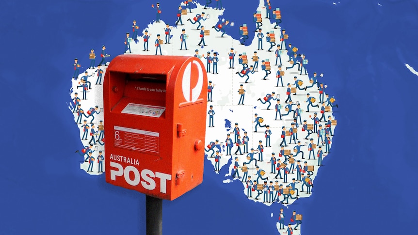 A post box nd behind it, a map of Australia covered in illustrated postmen.