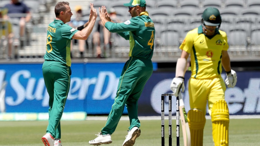 two cricket players celebrate as a batsman walks off the pitch with his head down