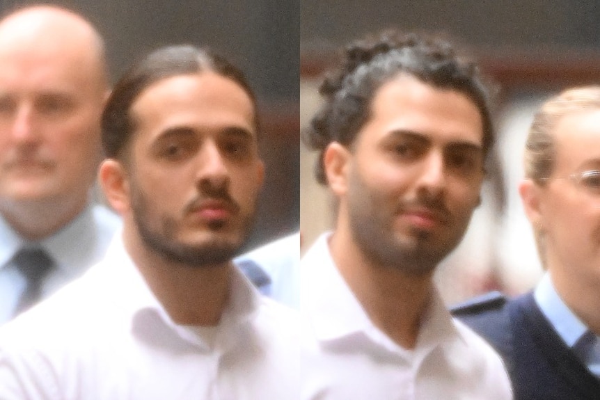 Composite image of two young men, with police behind them.