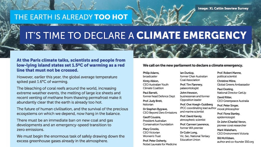 The climate statement being published in The Age newspaper