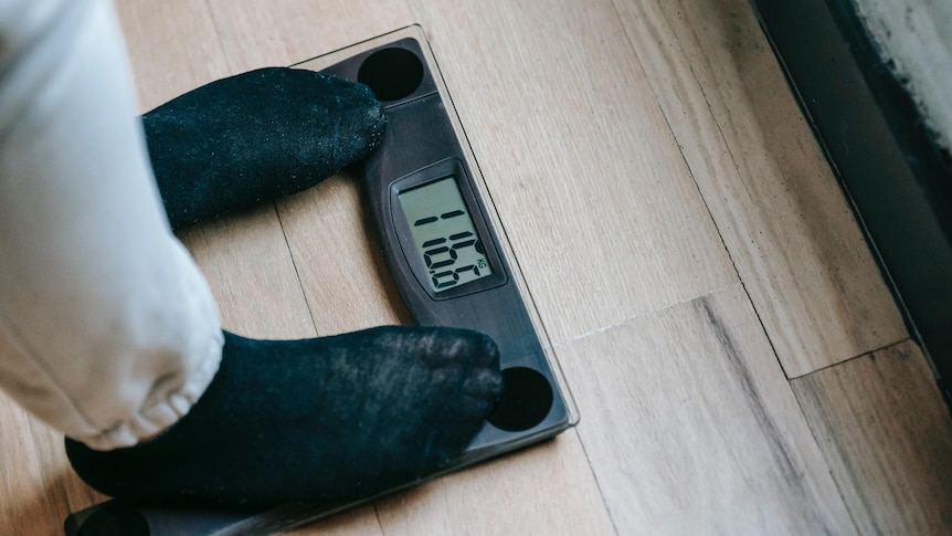 Two feet in black socks stand on a scale, showing 116 kilograms. 