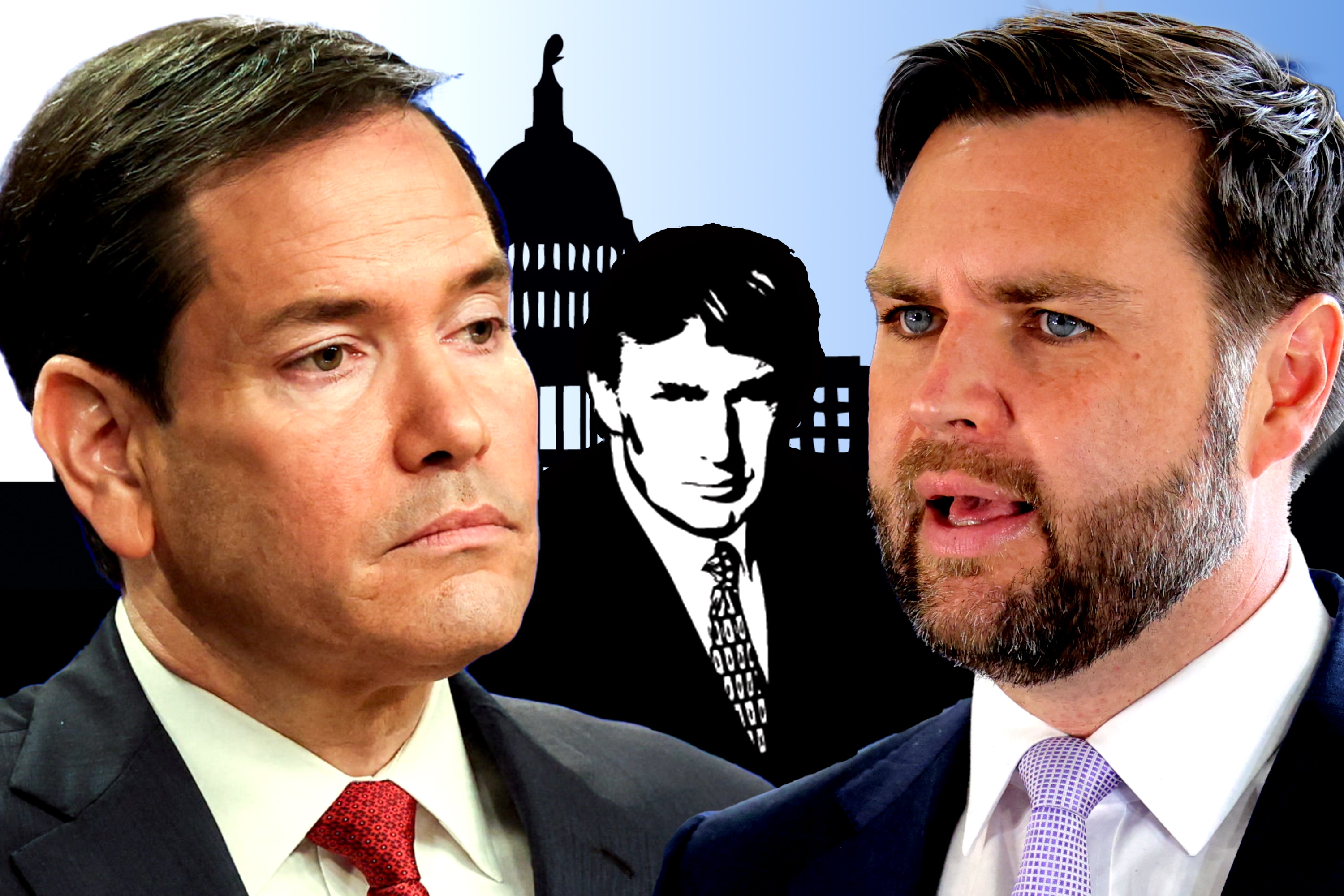 A graphic showing Rubio and Vance facing each other with a small image of Trump from the Apprentice logo seemingly watching on.