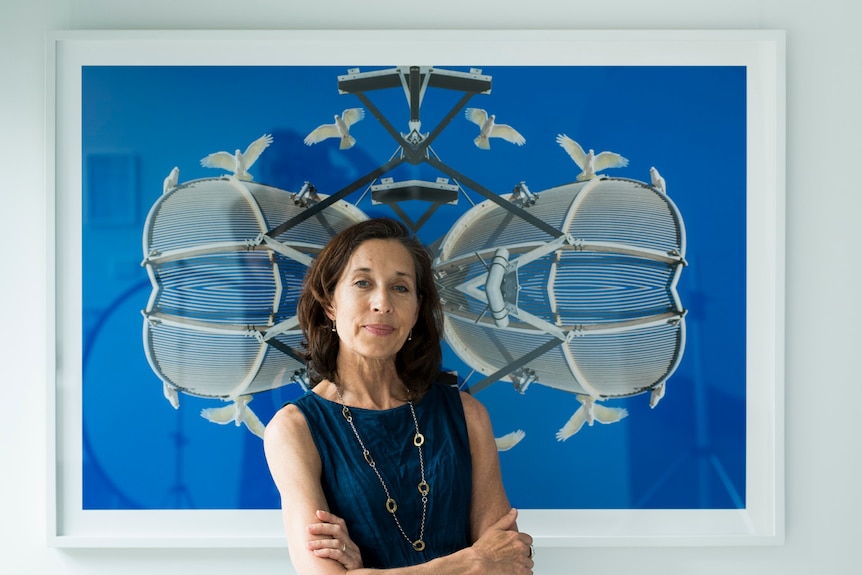 A brunette woman in her early 60s stands in front of a blue graphic print with white birds