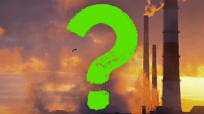 A bright green question mark over a sunset image of power plant smoking chimneys.