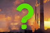 A bright green question mark over a sunset image of power plant smoking chimneys.