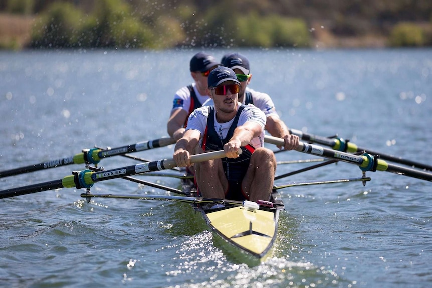 Mens' rowing team training at Lake Burley Griffin, Canberra, December 2019.