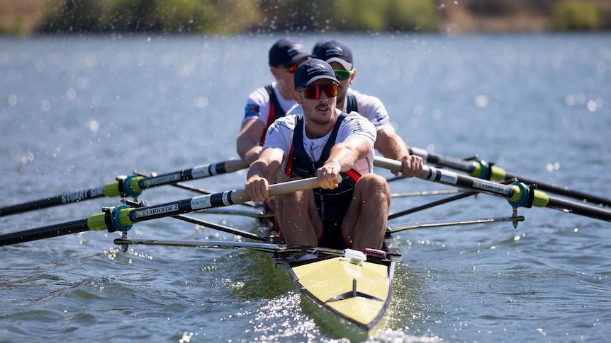 Mens' rowing team training at Lake Burley Griffin, Canberra, December 2019.