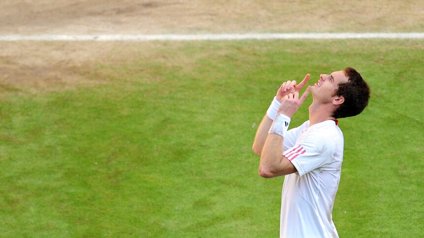 Britain's Andy Murray celebrates his men's singles semi-final victory over France's Jo-Wilfried Tsonga at Wimbledon.