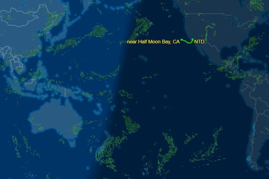 A radar map of the Pacific showing a mark near Half Moon Bay, California