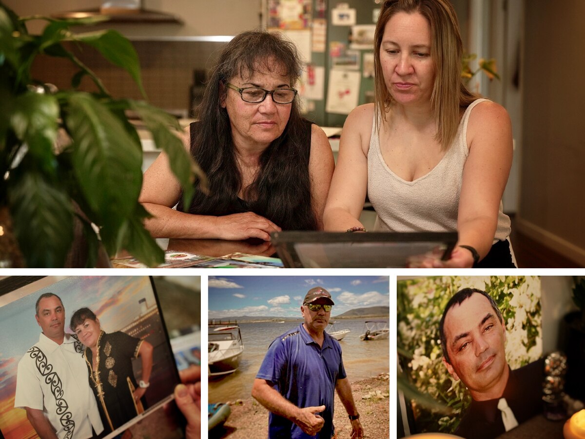 A collage of photos of a husband and wife, and their adult daughter.