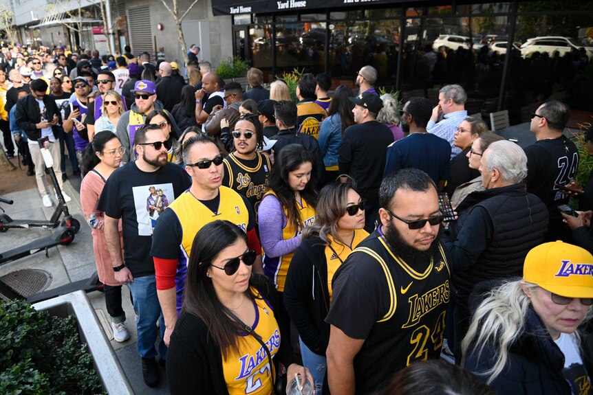 A large number of people, most in LA Lakers merchandise, line up down a street.