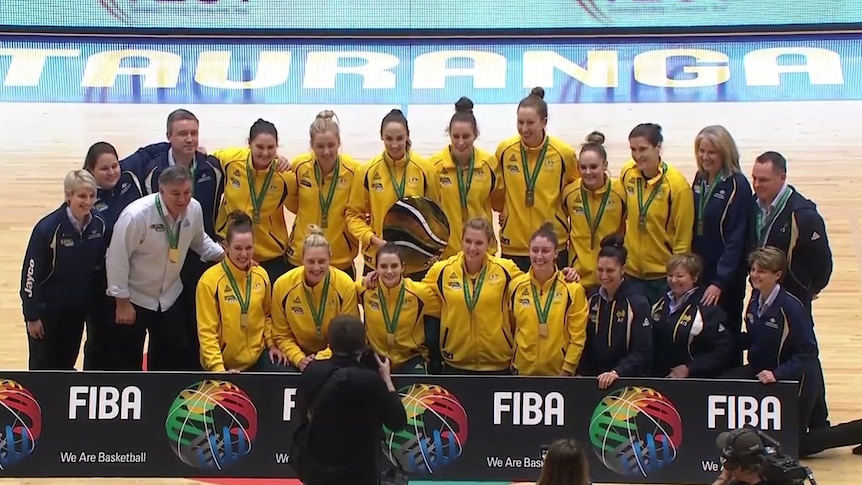 Opals celebrate after beating the Tall Ferns