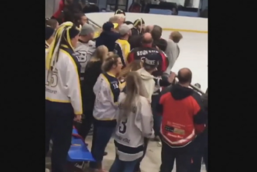 A still from a Facebook video showing a fight at an AIHL game
