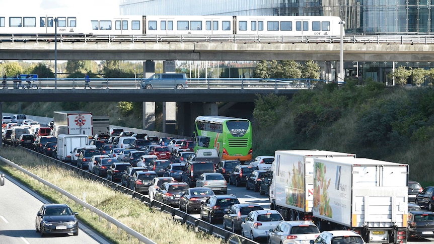 A traffic jam is seen after police closed the Oresund Bridge near Copenhagen