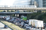 A traffic jam is seen after police closed the Oresund Bridge near Copenhagen