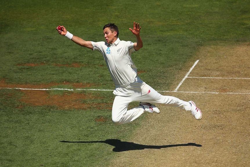 New Zealand's Trent Boult takes a return catch to dismiss Australia's Mitch Marsh in Wellington.