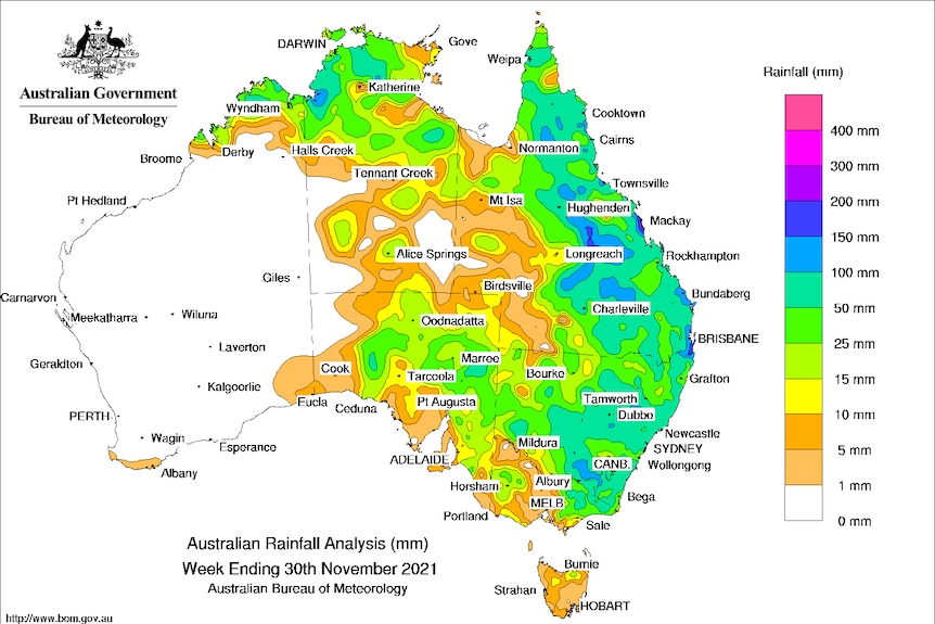 Colour-coded rainfall map of Australia showing weekly rainfall totals.