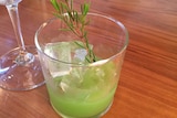 Green drink with ice cubes and a stalk of Geraldton wax.