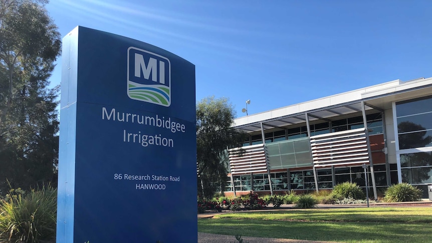 Murrumbidgee Irrigation words on a blue sign out the front of an office building