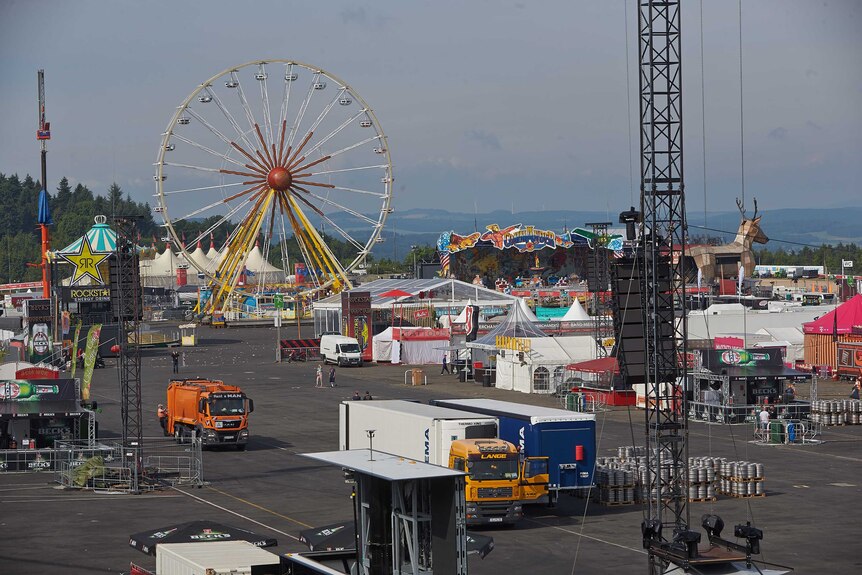 The empty grounds of a festival under construction