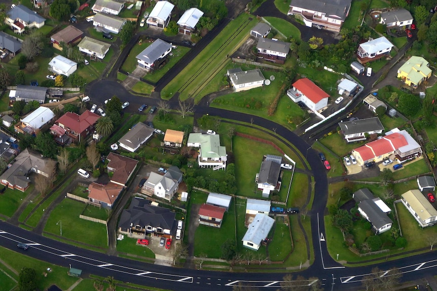 Residential houses can be seen along a road in a suburb of Auckland in New Zealand.