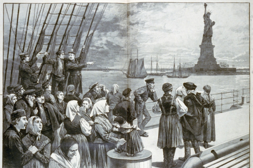 A scan of a black and white sketch shows an illustration of migrants on a boat pointing to the Statue of Liberty.