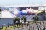 Artist's impression of external lighting display on master plan of renovated Gabba Sports Stadium at Woolloongabba in Brisbane.