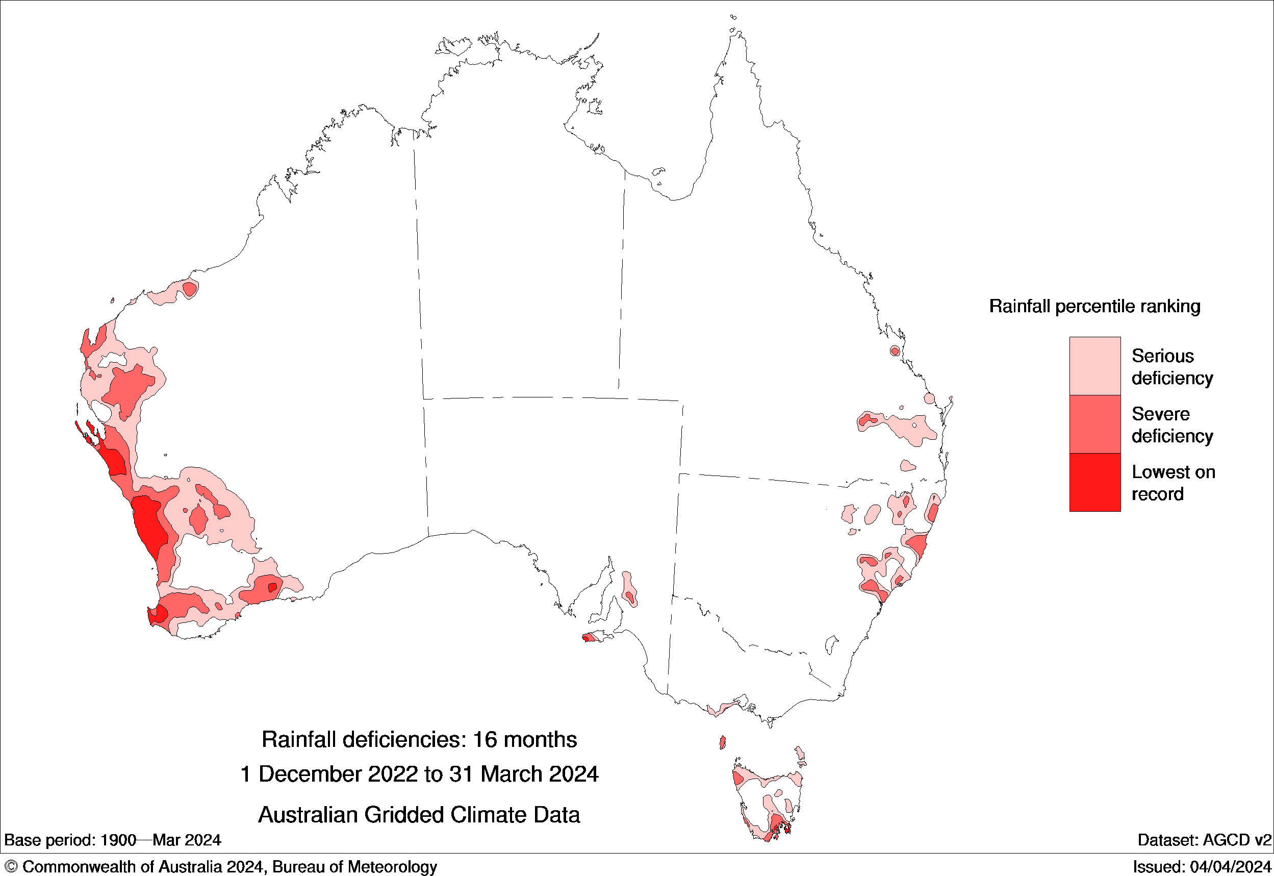 Map of Australia showing rainfall deficiencies in WA