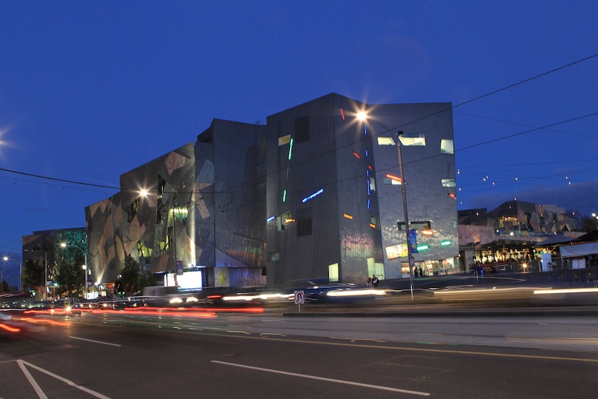 Federation Square at night in Melbourne.