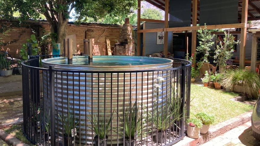 A large steel tank filled with water and a small ladder sits in a garden. 