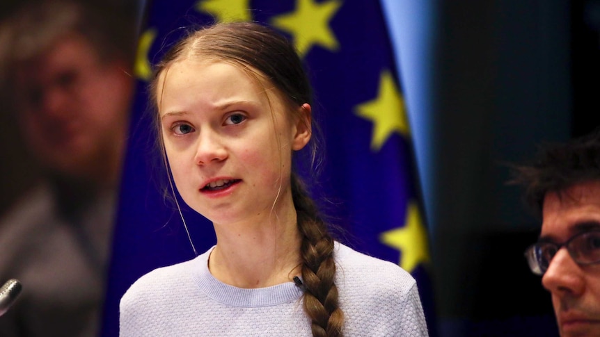 Swedish climate activist Greta Thunberg speaks in front of an EU flag.