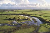drone shot of wetlands, green grass and clouds in the background