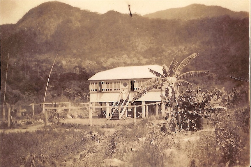 A black and white photograph of an old farmhouse on a thatched farm, built in the Queenslander style on stilts. 