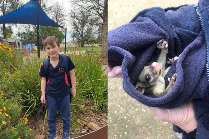 Rally Godfrey, 7, wearing a backpack and the baby possum he found curled up in a jumper