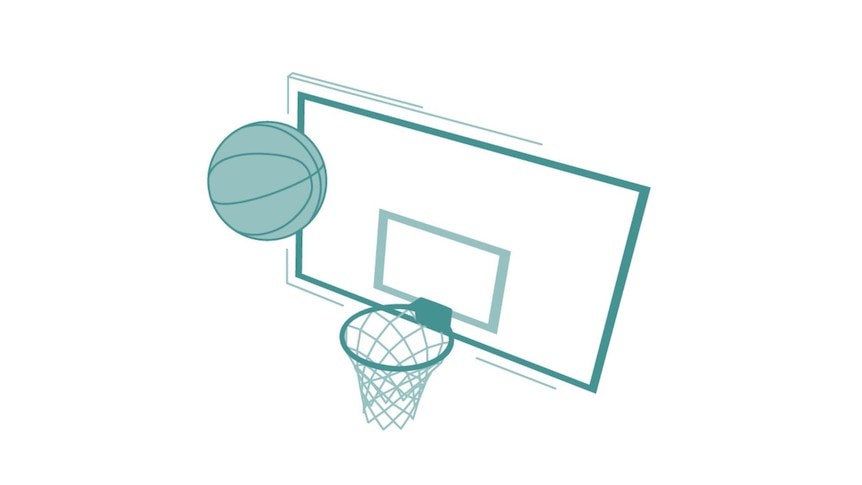 A green cartoon image of a basketball and hoop